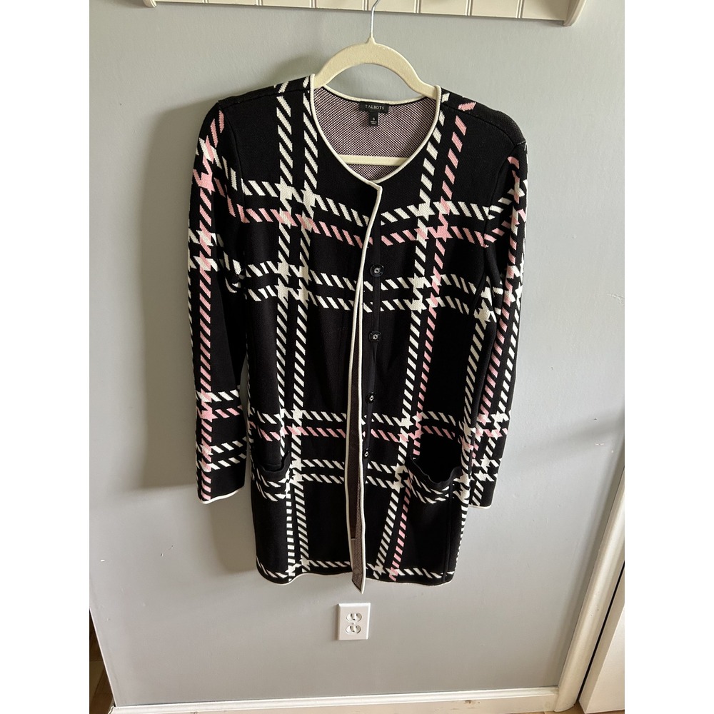 Talbots Womens Black Pink Plaid Longline Cardigan Sweater Button Front Small - Picture 3 of 4